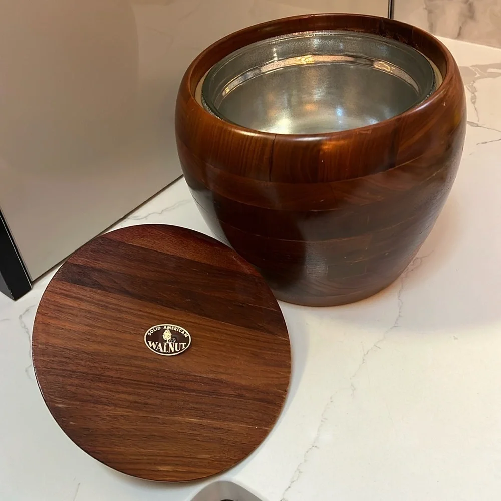 MCM Vintage Large Solid Walnut Ice Bucket Apple Shaped Brass Top
